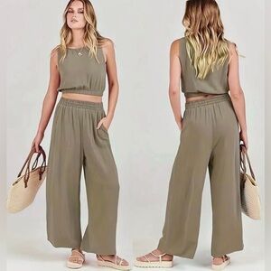 NWT New Linen Two Piece Solid Set Crop Top Wide Leg High Waist Pants Pockets